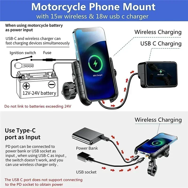Motorfiets telefoonhouder met draadloze oplader, motorspiegel, mobiele telefoonhouder, usb-snellader, draadloze telefoonhouder