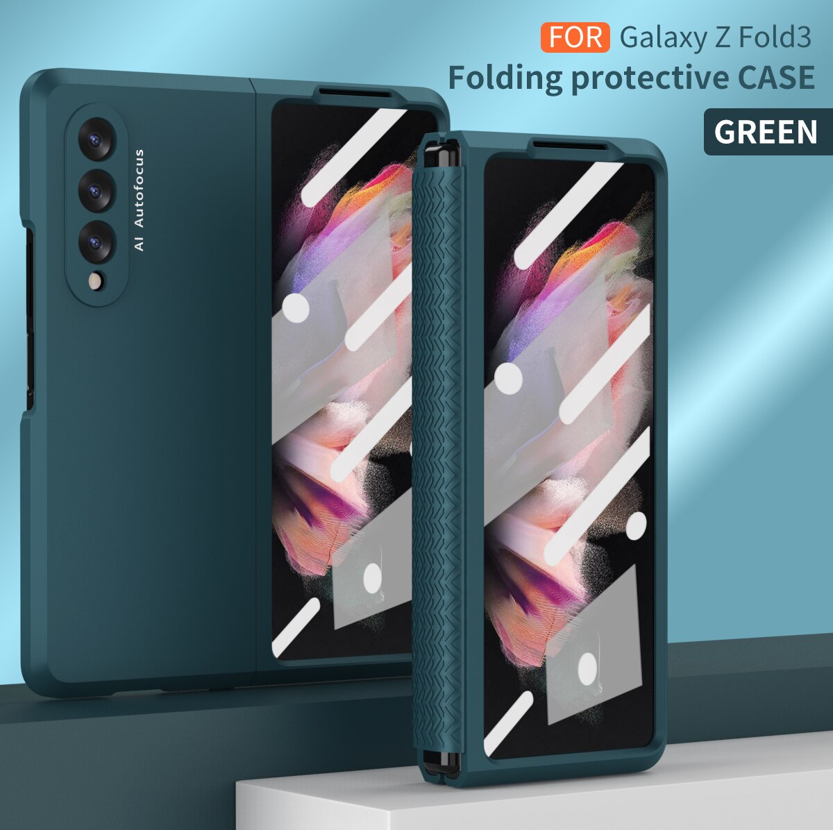 Para samsung galaxy z dobrar 3 dobradiça caso com filme de vidro frontal para galaxy z dobrar 3 5g tpu dobradiça caso completo telefone protetor funda: Green