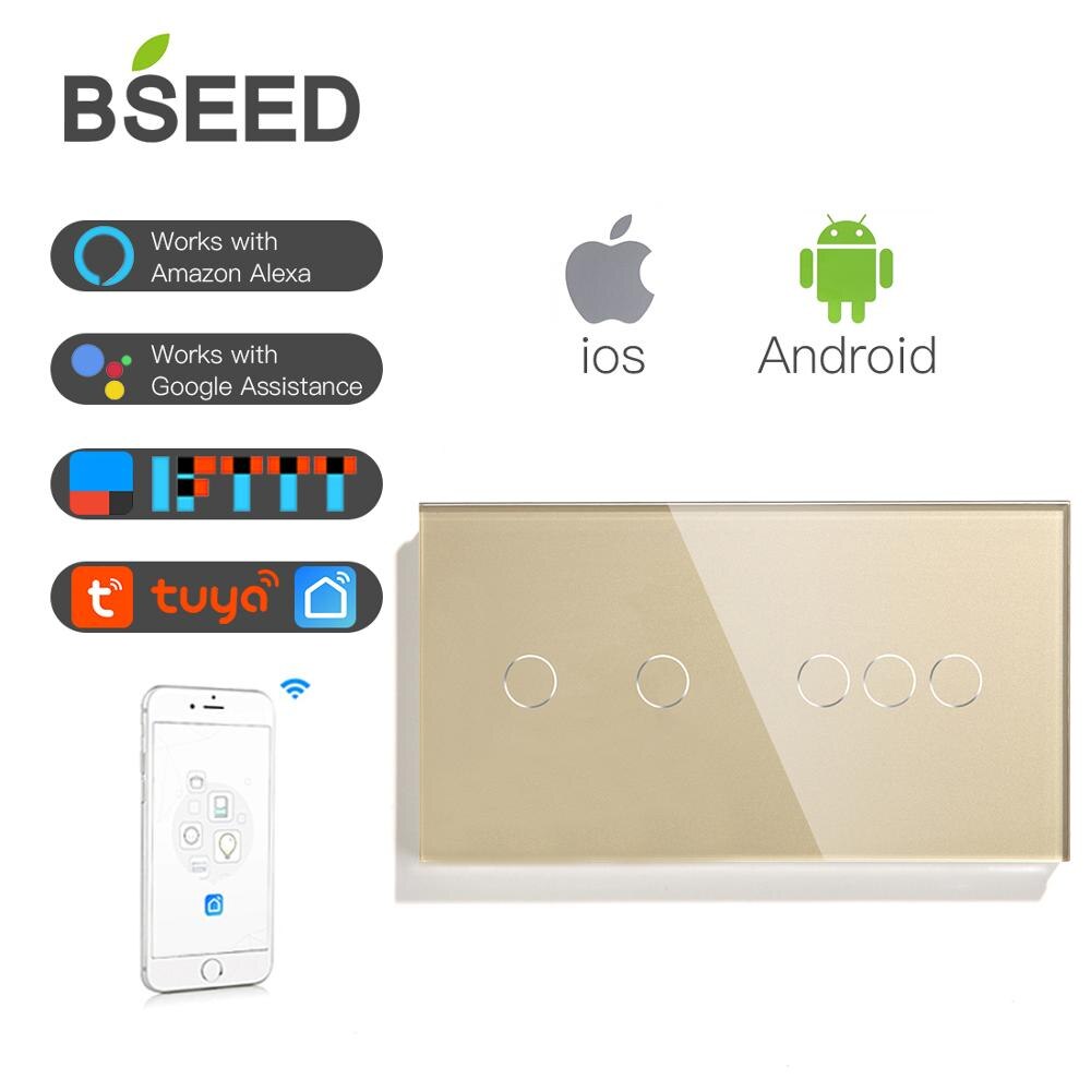 Bseed 2/3Gang 1/2/3 weg Wifi Kontrolle Licht Schalter 5Gang berühren Schalter Zauberstab Schalter Kristall Klasse Clever schalten arbeit Mit Tuya: golden