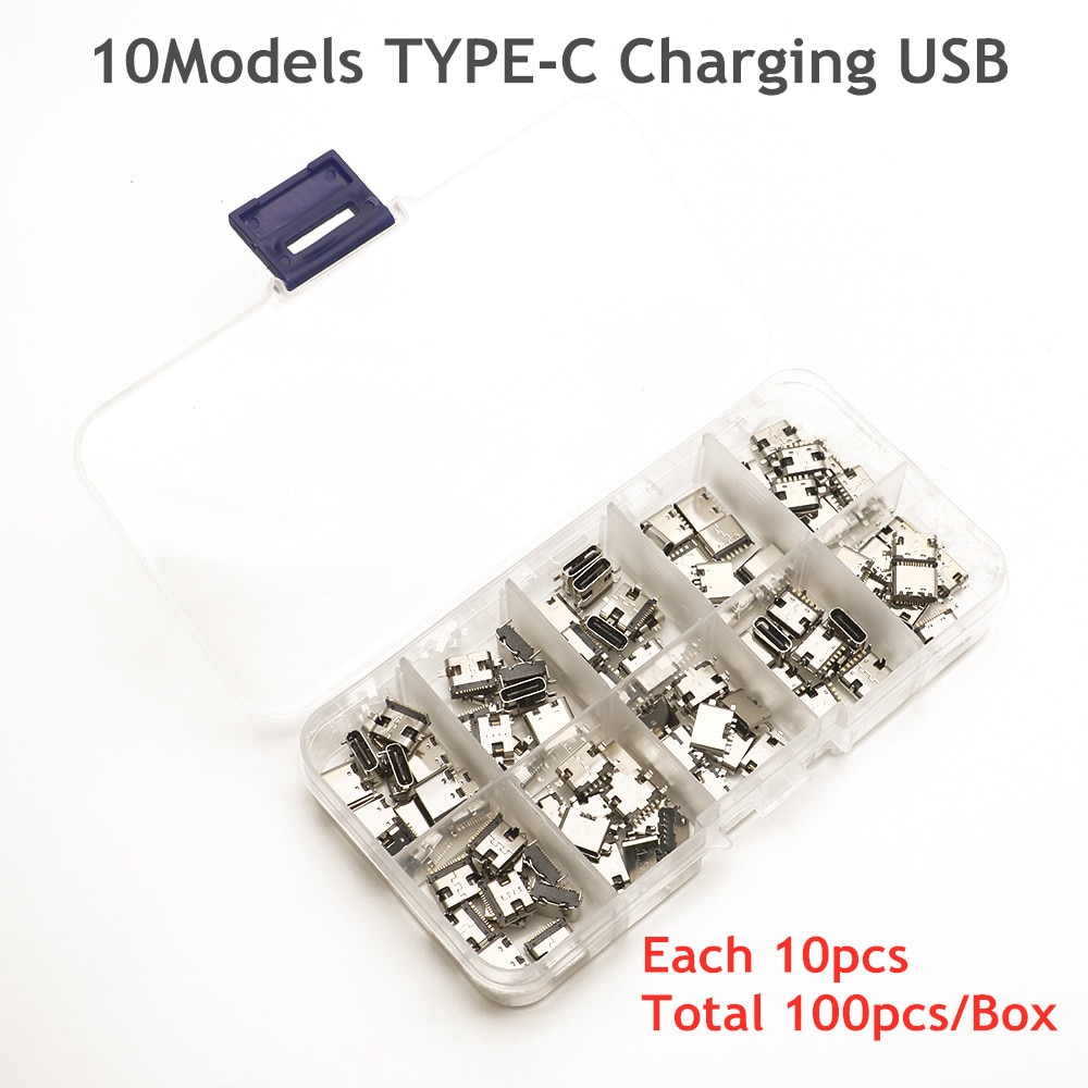 100 stk / parti 10 modeller type-c usb-opladningsdock-stik blandet 6- pin og 16- pin brug til mobiltelefon og digitale produktreparationssæt
