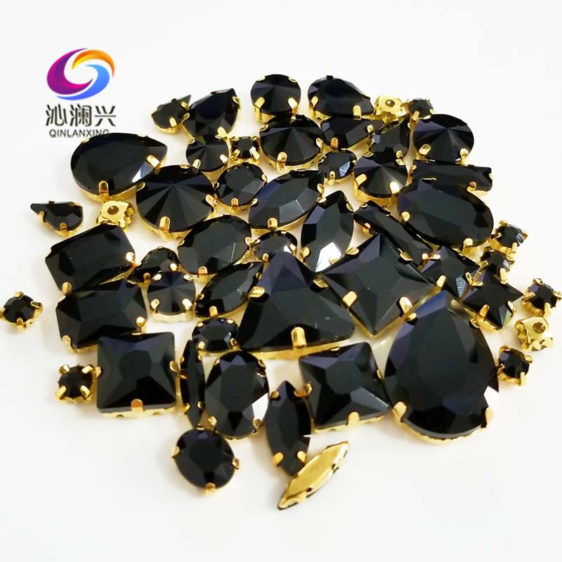 Factory sales 58 stks/pak Goud onderkant zwart top crystal glas naaien op stenen, mix size klauw strass diy/sieraden accessoires