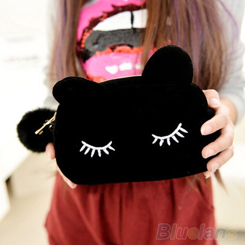 Cute Cartoon Cat School Stationery Pencil Case Pen Box Cosmetic Makeup Velour Pouch Zipper Bags Portable Toilet Case: Black