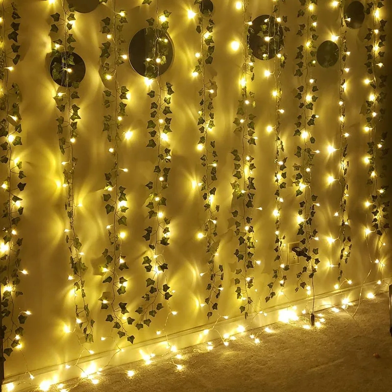 Hojas de seda, enredadera falsa, hoja verde, vid de hiedra con luces LED, guirnalda colgante para de boda en casa, flor Artificial