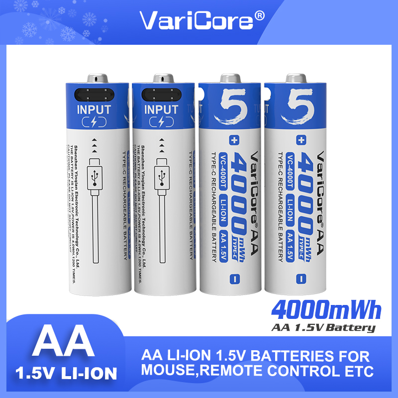 Varicore pilas recargables AA 1,5 V 4000 mWh batería de litio de gran capacidad tipo C carga rápida USB para ratón de juguete