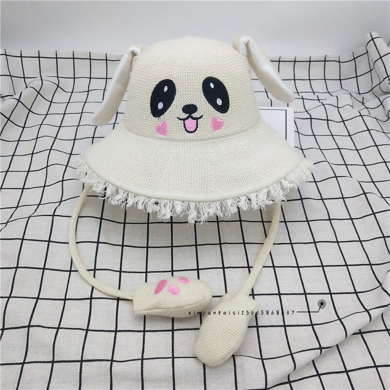 Cartoon Ears Press Air Cute Bag Moving Up Down Hat Girl Kids Summer Bucket Cap for children and adult: white for kids