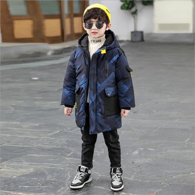 Roupa infantil jaqueta corta-vento de veludo com capuz, casaco longo de camuflagem com estampa casual e blusa de frio para meninos 4-14 anos de idade inverno: blue / 6 T