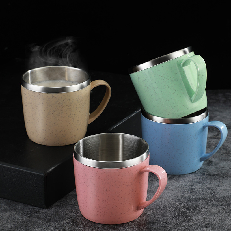 Tazas de acero inoxidable antiescaldado de doble capa, mango de plástico, taza para café, leche, té, bebidas, taza de agua para el hogar y la Oficina