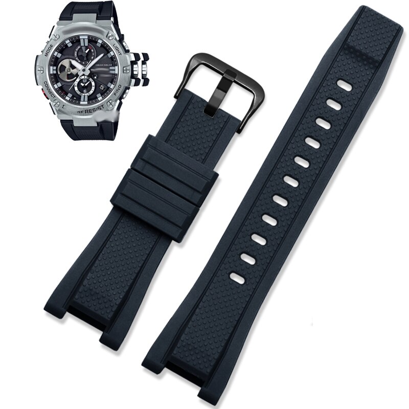 Gummi klokkerem for c-asio g-shock gst -210/w300/400g/b100 vanntett silikon stropper tilbehør 26*14mm: Blå-svart lås