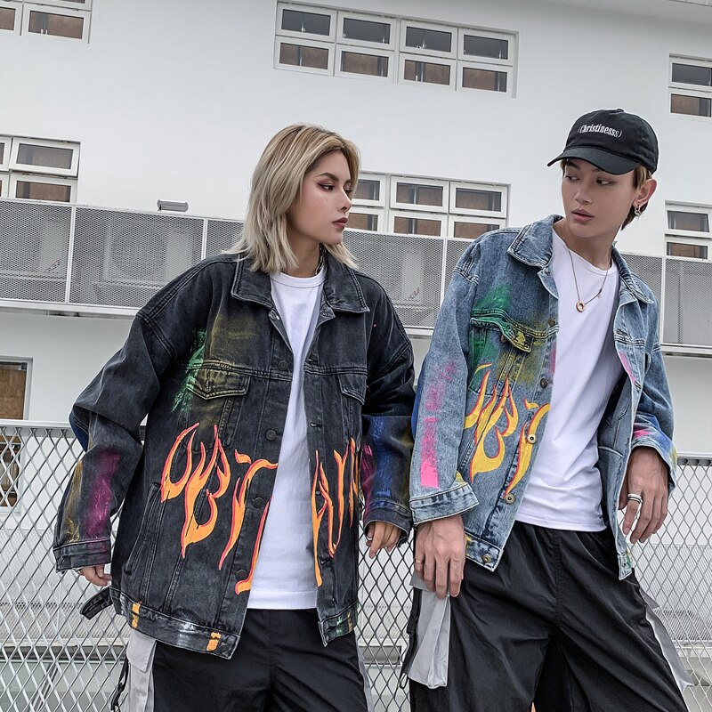 Hand Verf Rainbow Graffiti Vlam Print Denim Jassen Streetwear Hip Hop Casual Bomber Jean Jacket Jassen Tops