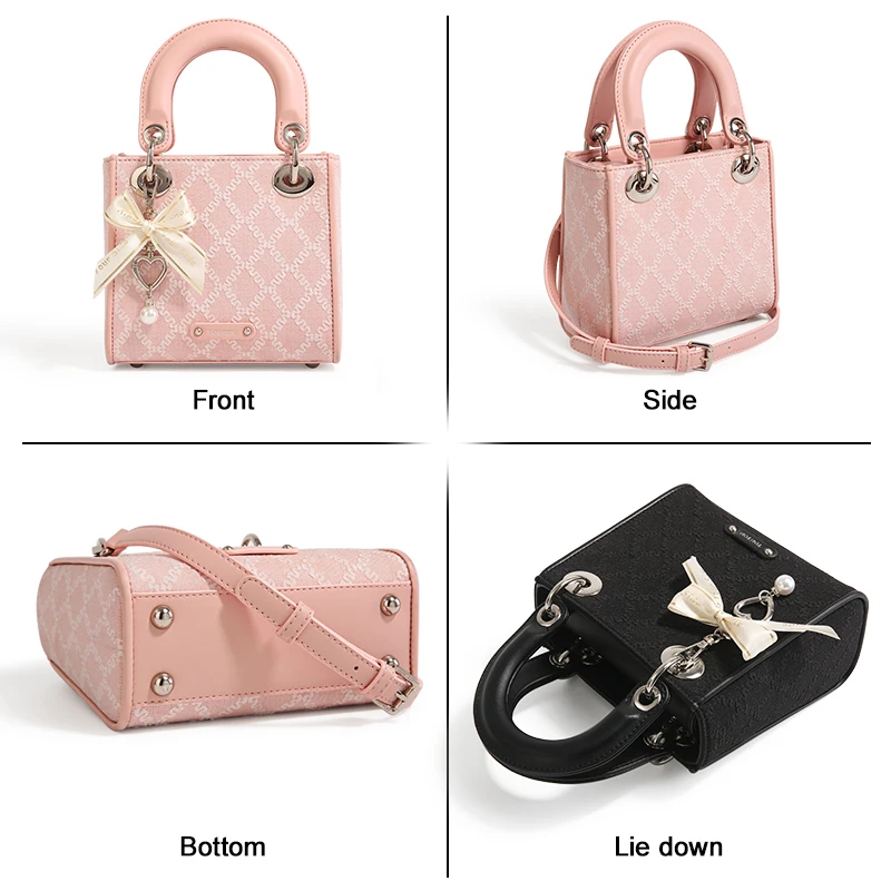 TOUTOU Argyle Jacquard Handtasche Schleife Dekor Satchel Geldbörse Damen Kleine Einkaufstasche Luxusmarke Tasche