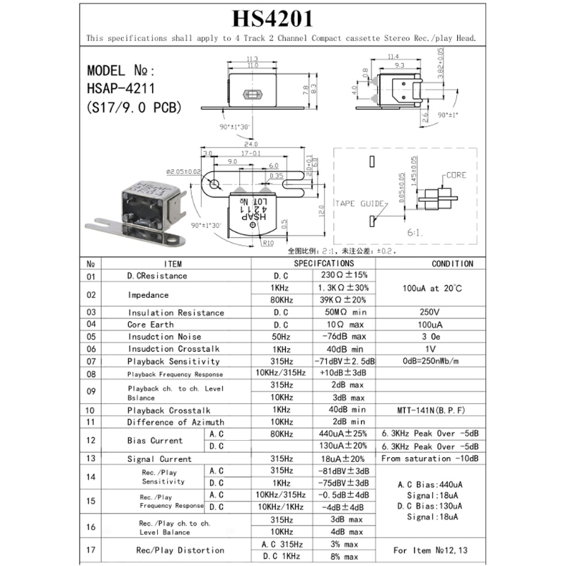 Recorder Single/Dual/Four Channel Universal Magnetic Head YCOG16/YBBS09/HS4211/ES4201/YC4206 Magnetic Head