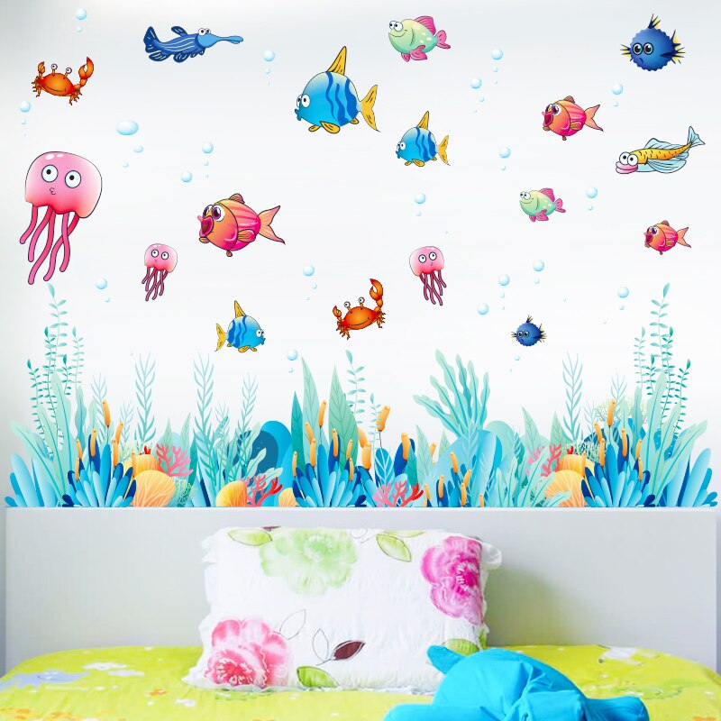 [Shijuekongjian] pegatinas de pared de peces de dibujos animados DIY, calcomanías de Mural de plantas de algas marinas para habitación de niños, dormitorio de bebé, decoración de casa de baño