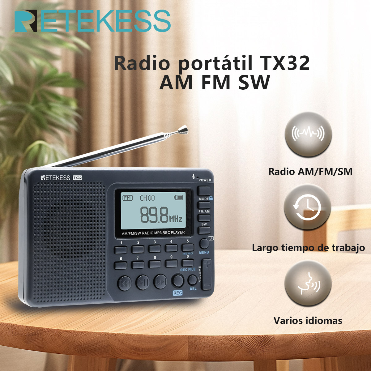 RETEKESS V115 Blue Radio FM AM SW Portable Radios Rechargeable Radio Batteries multiple bands USB Recorder Speaker for Elders