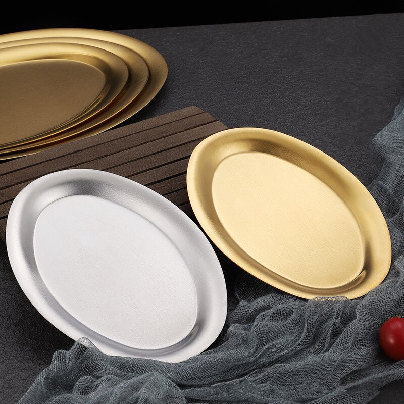 304 Stainless Steel Oval Golden Grill Plates Shallow Flat Bowls Fish Dish Food Dessert Tray