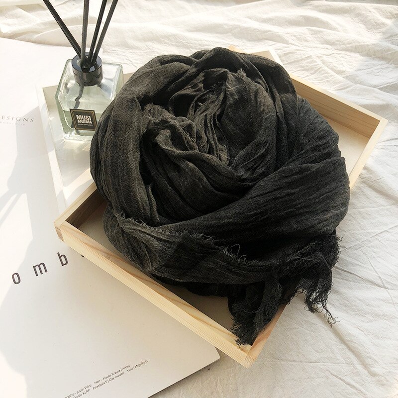 Japanese Style Linen Cotton Tassel Scarf Men Scarf Bufandas Solider Color Spring Autumn Warm Soft Kroean Style Scarves: black