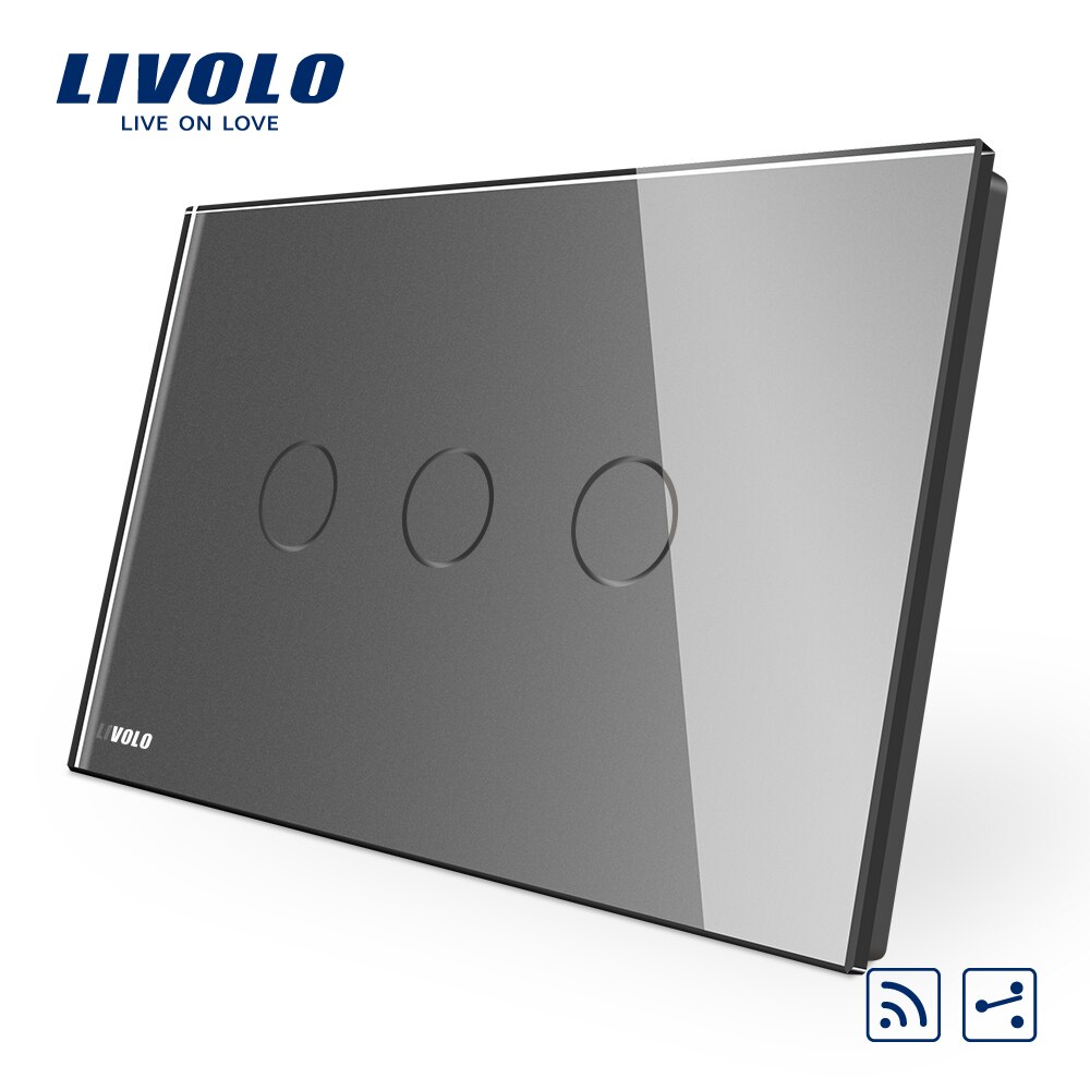 Livolo Au Ons C9 Standaard Touch Schakelaar, Grey Crystal Glass Panel,2 Manieren Touch Control Light Switch,cross Remote Wireless Control: 3 gang remote