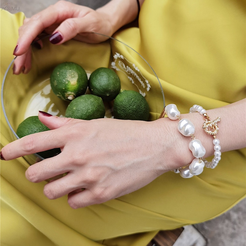 Aomu Franse Retro Elegante Eenvoudige Onregelmatige Barokke Parel Armband Temperament Armband Voor Vrouwen Partij Sieraden Accessoires