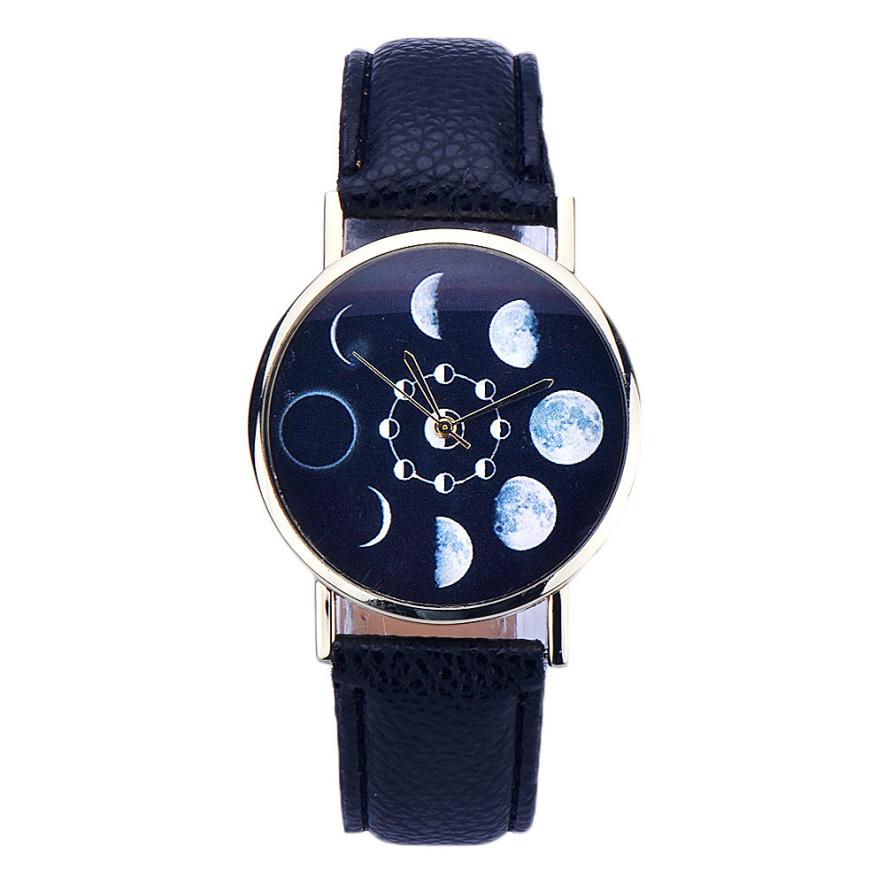 Prachtige zonnemaanfase maansverduistering horloges dames stijlvol quartz horloge pu leren armband horloges dames klokuren: Zwart