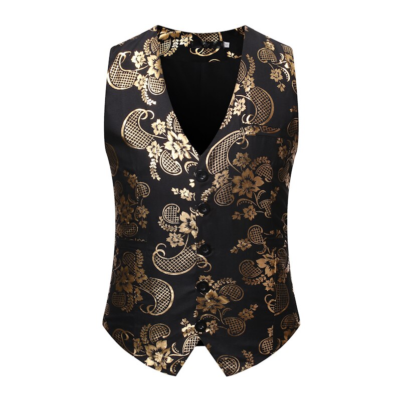 Heren klassieke v-hals pak vest gouden paisley folie print jurk vest mannen dj club gala vest mannen gilet kostuum heren: Zwart / M