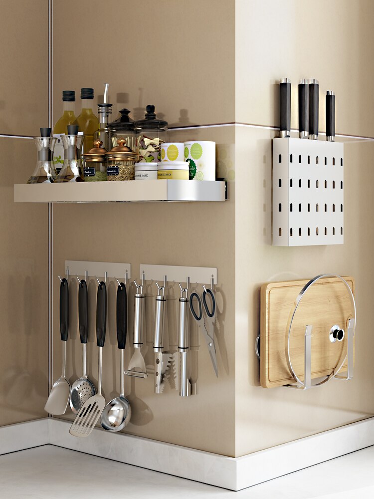 Punch-free Stainless Steel #304 Kitchen Rack Seasoning Rack Wall Storage Shelf Spice Rack Wall-mounted