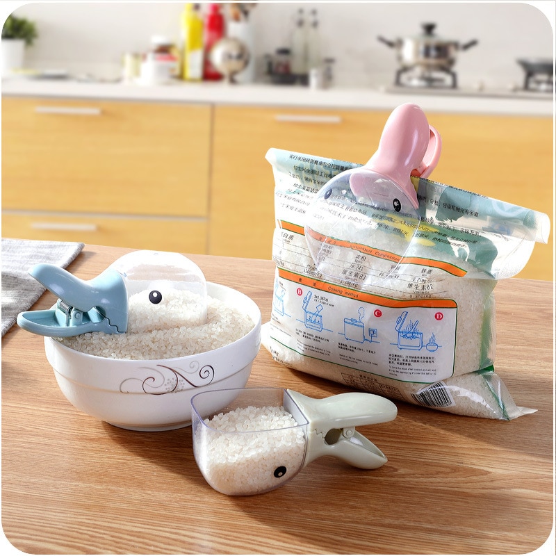 Bonita taza medidora de cereales 2 en 1 con forma de pato con clip de sellado para servir paleta de arroz de plástico para cocina, herramienta japonesa de sushi