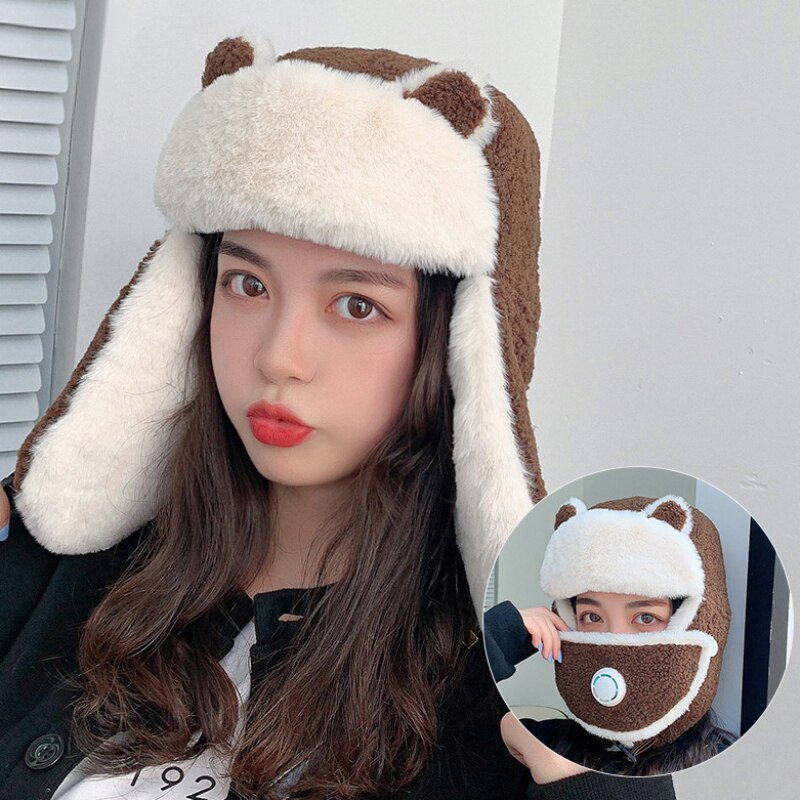 HT3375-gorro ruso de lana de oveja gruesa y cálida con máscara para mujer, gorro de invierno con orejera de esquí, gorra de cazador: Marrón