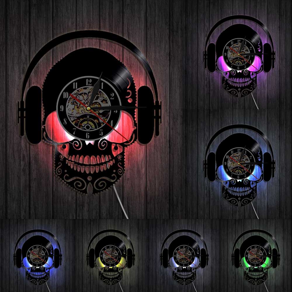 Skull Music Headphones DJ Wall Art Scary Skull Wearing Headphones Home Decor Musical Skull Vinyl Record Wall Clock Wall Watch