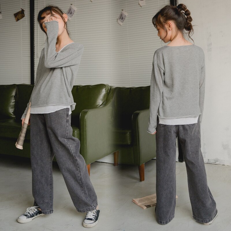 Teenage piger jeans børn efterårs tøj koreansk stil straight jeans børn piger brede ben casual bukser,  #9104