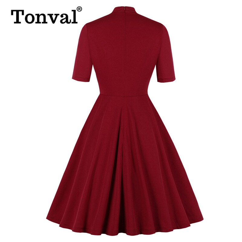 Tonval Twist soporte cuello recorte frente rojo sólido Vintage ocio vestido manga corta una línea de verano mujeres elegantes vestidos
