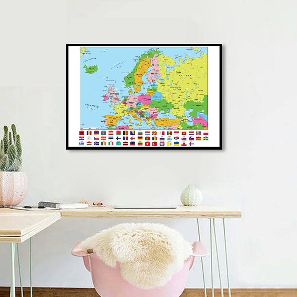 84*59cm The Europe Map with National Flags Wall Art Poster Canvas Painting Classroom Home Decoration Kids School Supplies