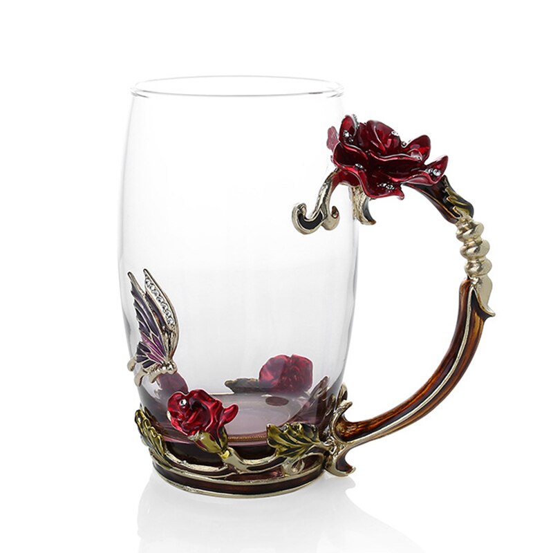 Emalje kaffe te kopp krus 3d rose sommerfugl glass kopper bryllup nyhet utskåret kopp med skje bdf 99