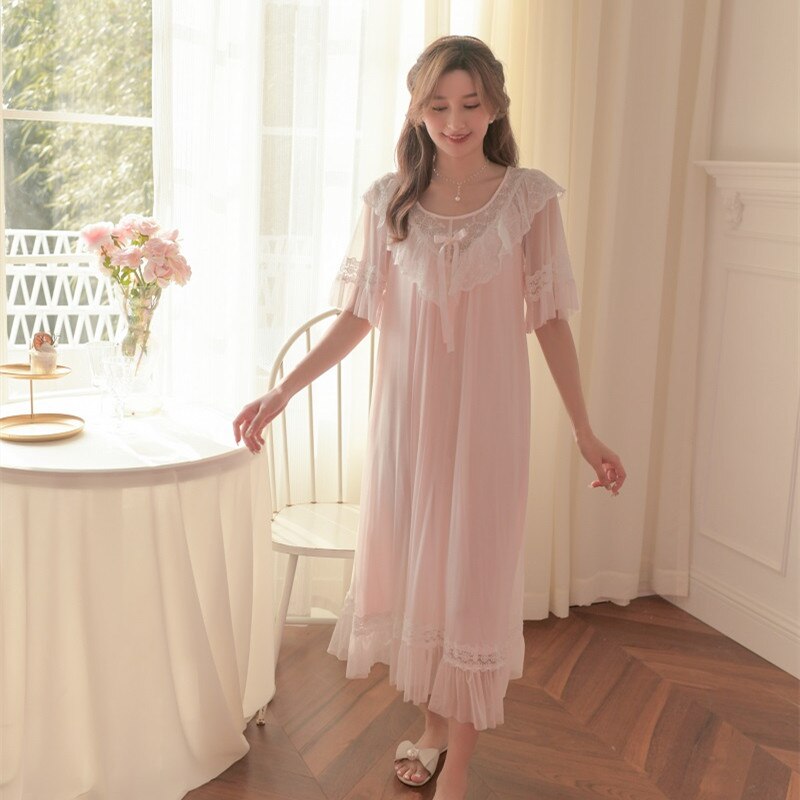 Vintage Romantic Summer Princess Nightgowns For Women Lovely White Lace Short Sleeve Sleepwear Summer Night Dress: Pink