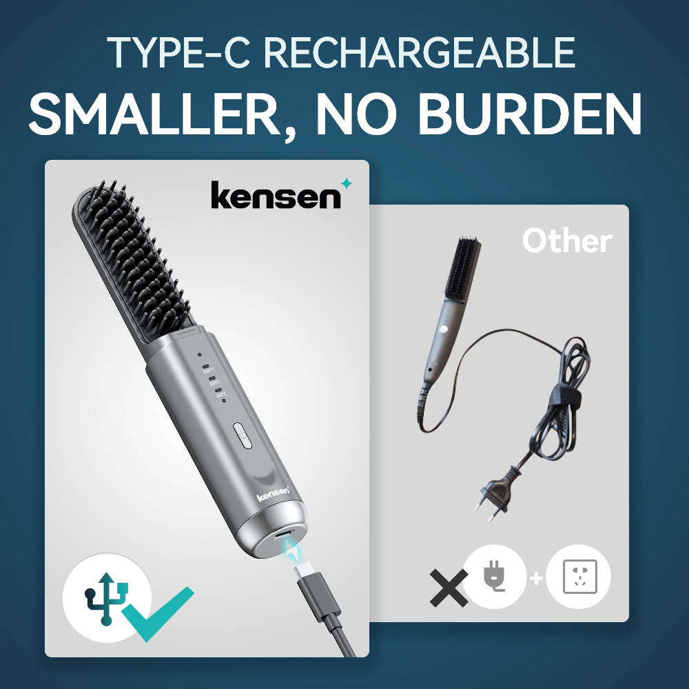 kensen Hair Straightener Brush Negative Ion USB Rechargeable Wireless Fast Heat Straight Curly Hair Styling Comb for Men Women