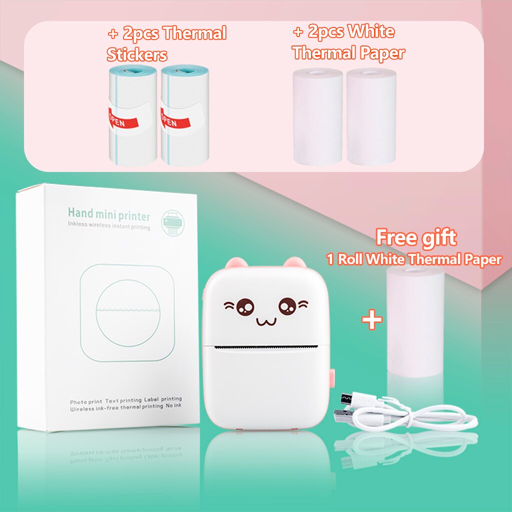 Portable Thermal Printer Paper Photo Pocket Cat Thermal Printer 57mm Printing Wireless Bluetooth Android IOS Printers For Child: Pink 2White 2Sticker