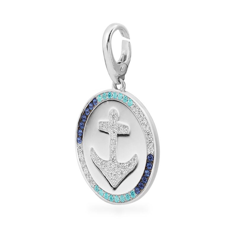 SLJELY Real 925 Sterling Silver Navy Blue & Lagoon Anchor Medal Clipping Charm Pendant Pave Zirconia Women Brand Jewelry