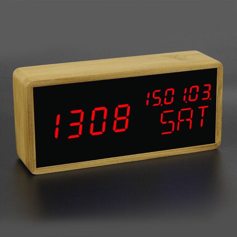 100% Bamboo Digital Alarm Clock Wooden LED Table Clock Electronic Despertador Desk Brightness Voice Snooze Control Temperature: 88-Red