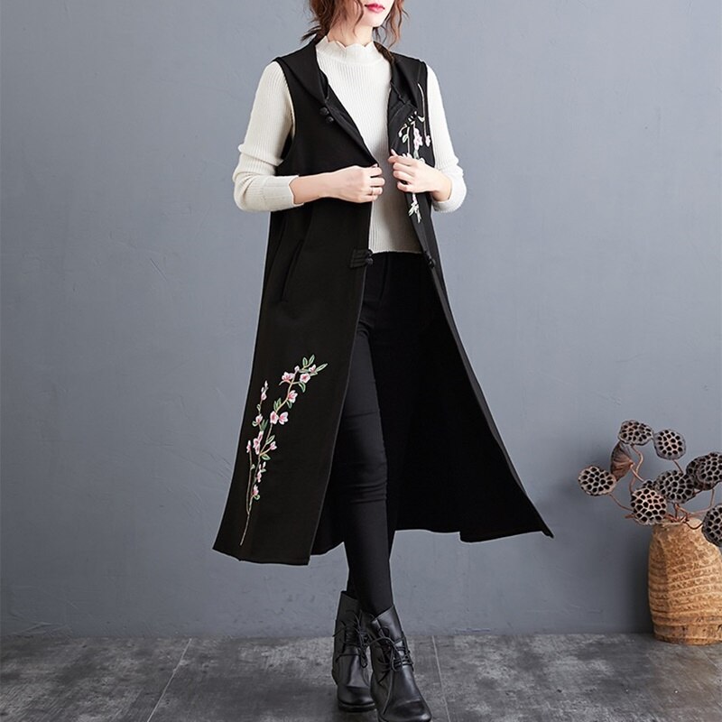 Chaleco para mujer, novedad de , chalecos con estilo chino para mujer, chaqueta sin mangas, bordado Vintage, chaleco largo y delgado étnico 11424