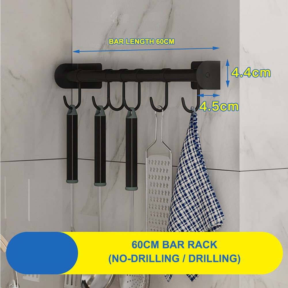 Wall-Mount Spice Racks stainless Kitchen Organizer Storage Shelves Spoon Hanger Hook Kitchen Gadgets Accessories Supplies: 60CM Rail Hanger