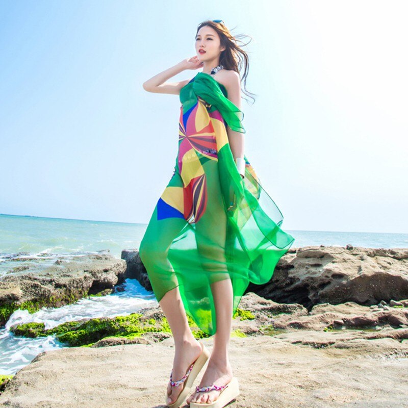 Dames chiffon strand sjaals dames zomer bloemen bikini cover up strandkleding warp: Groente