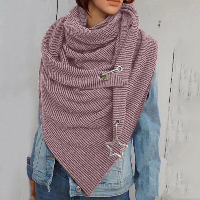 Femmes hiver épaissir grande écharpe avec bouton crochet étoile pendentif décontracté couleur unie côtelé Triangle châle enveloppement extérieur cou plus