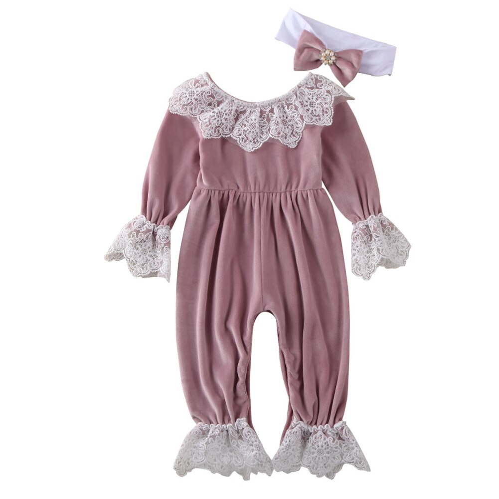 0-24M Säuglings freundlicher Baby Mädchen Jungen Strampler Samt Spitze Langarm Overall Kleidung Stirnband 2 stücke: Rosa / 12m