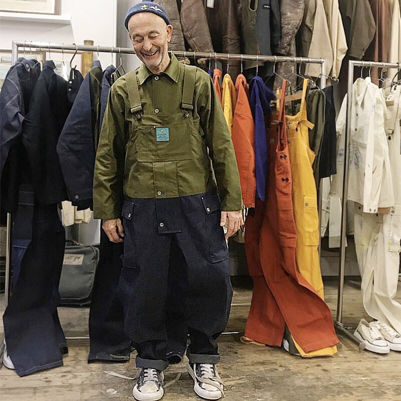 Kontrastsøm smæk overalls bukser herre safari cargo arbejdsbukser funktionelle flere lommer denim bukser overalls herre jeans