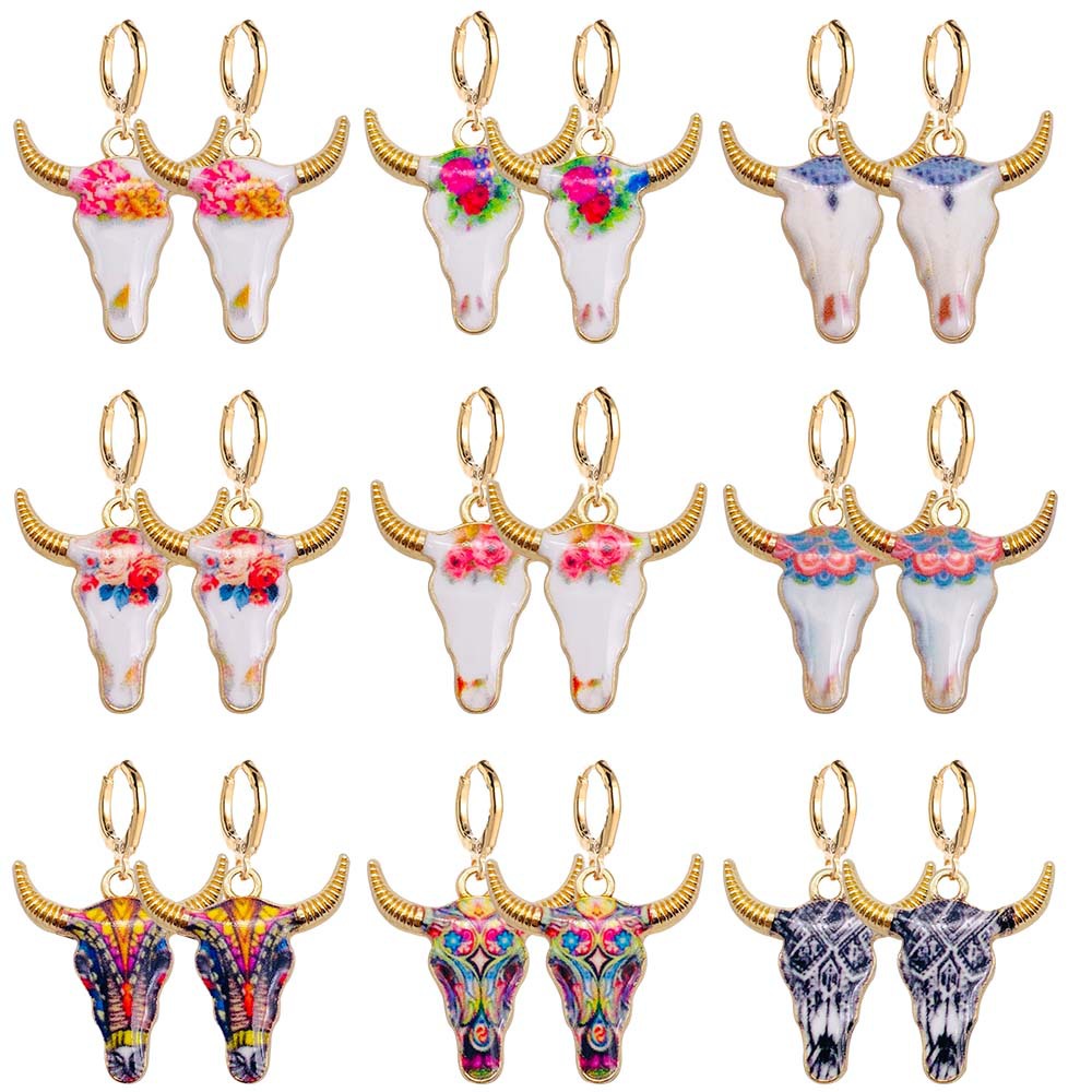 Pendientes de cabeza de toro esmaltados coloridos, vaquera occidental, pendientes colgantes de aleación, joyería
