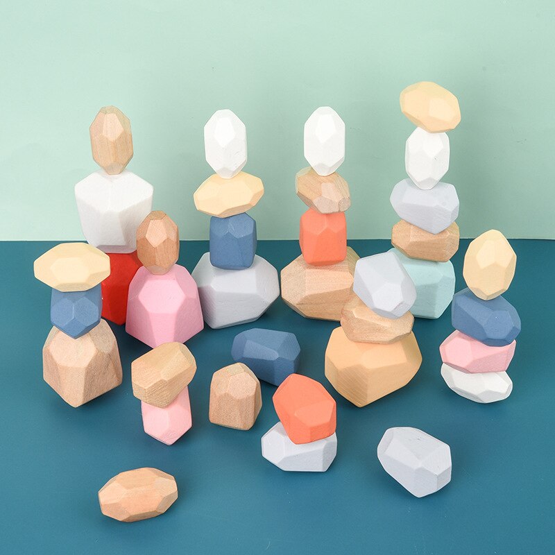 Wooden Stacking toy Montessori Toy Block Colored Stone Rocks Stones Tumi Ishi Wood Balancing Stacked Stones: 36pcs Light