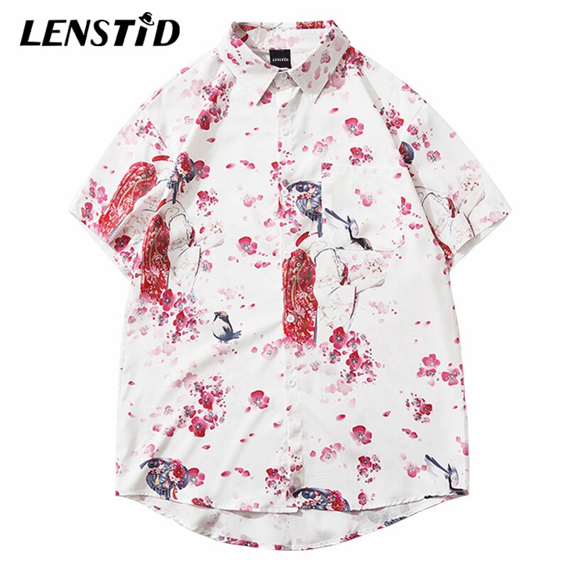 LENSTID Men Hip Hop Cartoon Floral Geisha Printed Hawaiian Shirt Harajuku Streetwear Beach Shirt Summer Short Sleeve Thin Shirts