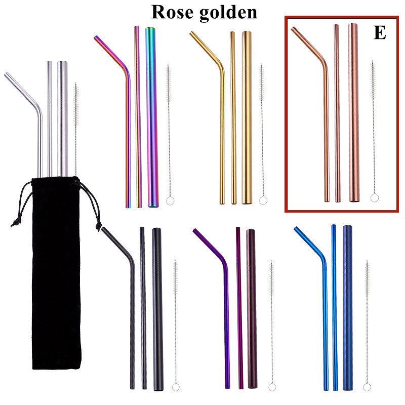 4pcs Stainless Steel Straws Eco-friendly Straw Reusable Drinking Straws with Clean Brush Coffee Milk Tea Straw Bar Home Tools: Rose golden E