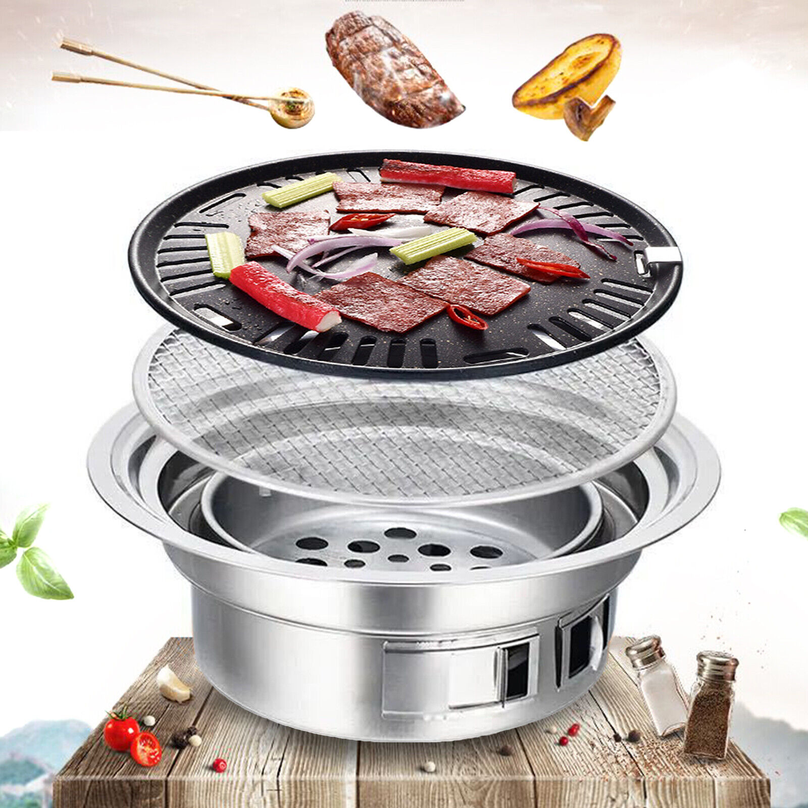 Japanischer koreanischer Hibachi-BBQ-Picknicktisch aus Edelstahl, runder Grill, Outdoor- und Indoor-Grillherd, tragbar
