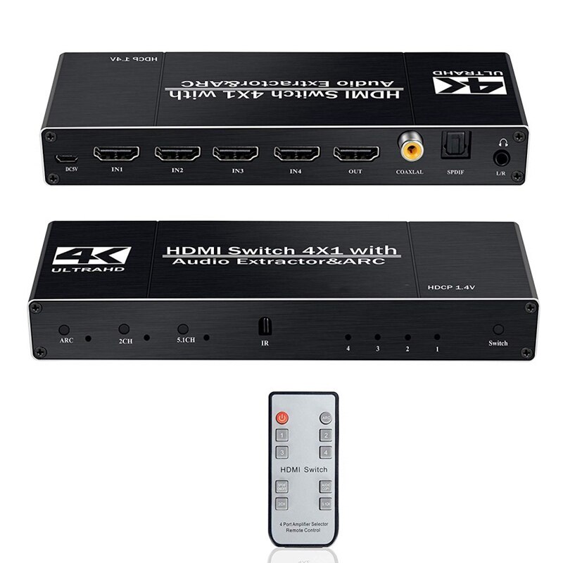 Hdmi switch 4k @ 60hz 4 in 1 ud med fjernbetjening/o optisk, hdmi splitter med o udtræksstøttebue