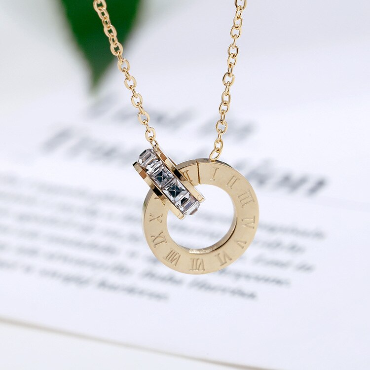 Estilo coreano jane sobre 18k ouro rosa titânio aço ornamento numerais romanos anel circular diamante conjunto colar feminino accessor: Golden  White Crystal