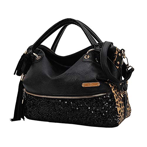 Frauen Leopard Print Schwarz Geldbörse Handtasche Hobo Glitter Pailletten PU Leder Schulter Tasche: leopard